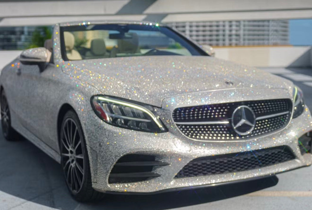 Crystal Mercedes C300 Convertible covered in silver rhinestones for rent in California