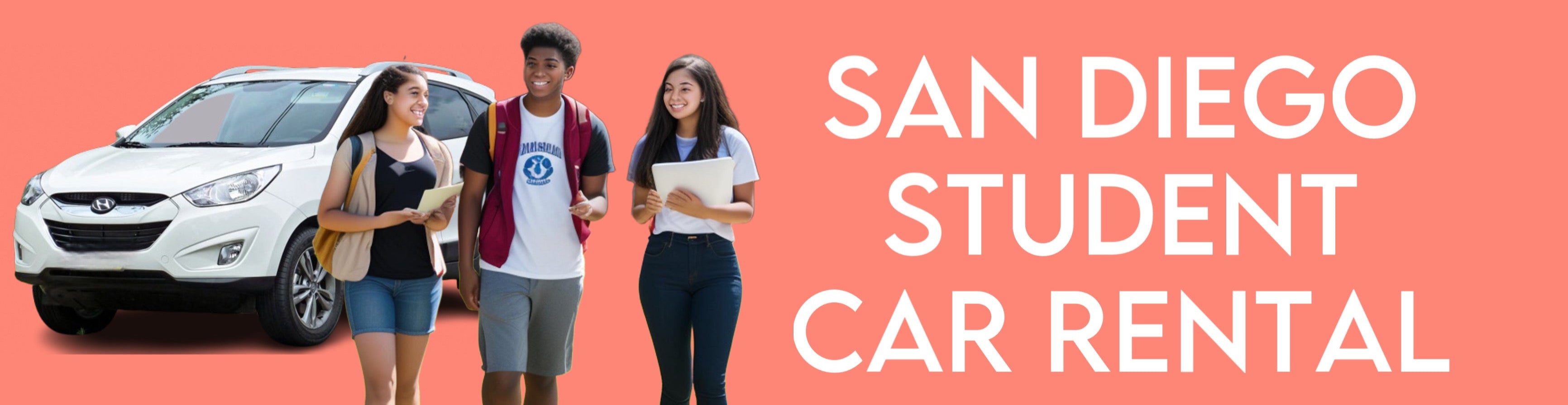 Three students standing next to a white car with 'San Diego Student Car Rental' text on a pink background