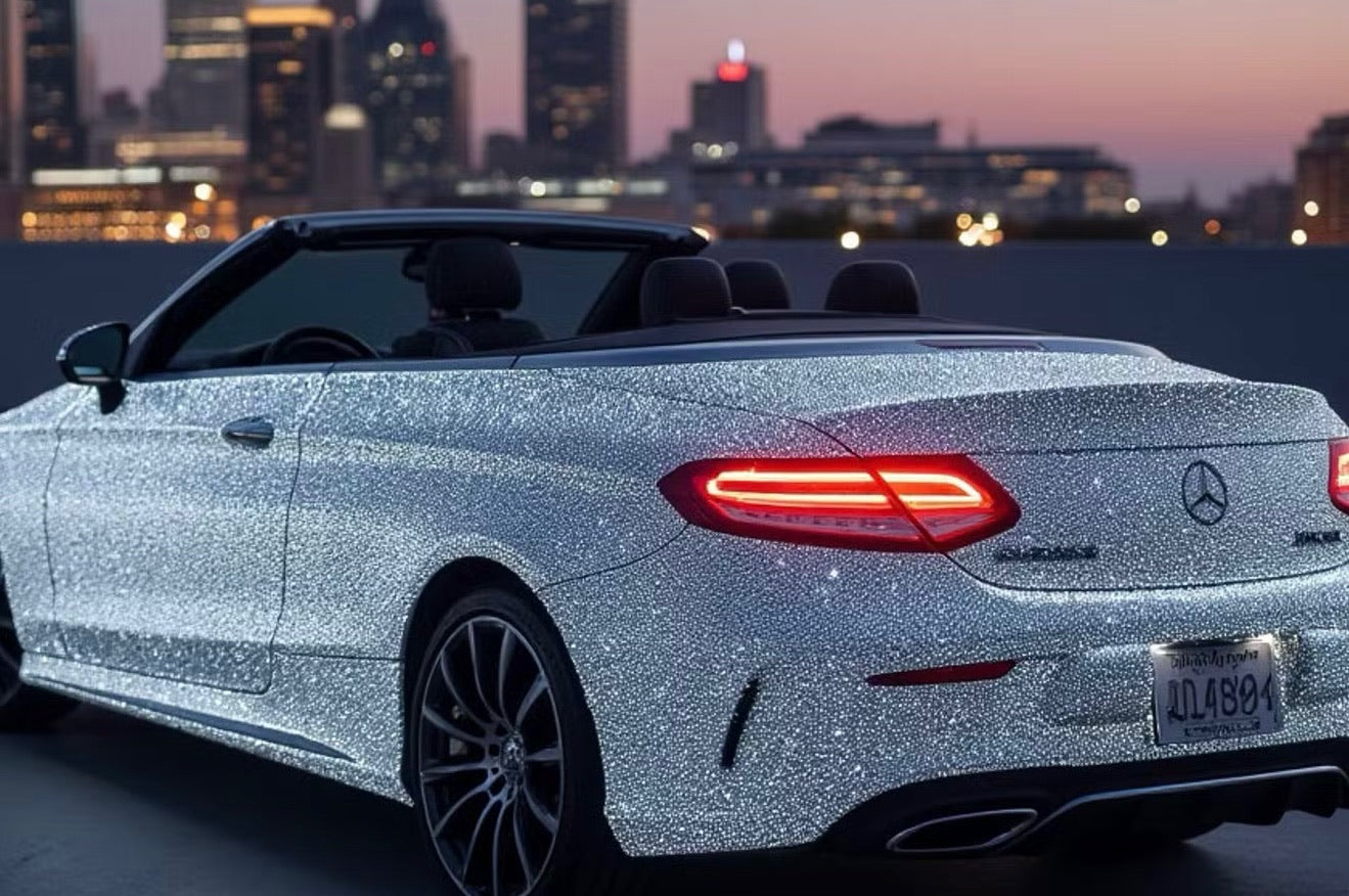 Silver glass rhinestone Mercedes C300 – perfect for influencer and blogger content