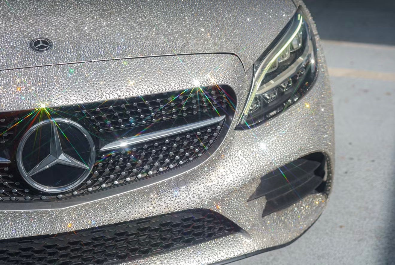 Crystal-covered Mercedes C300 convertible shining under California sun
