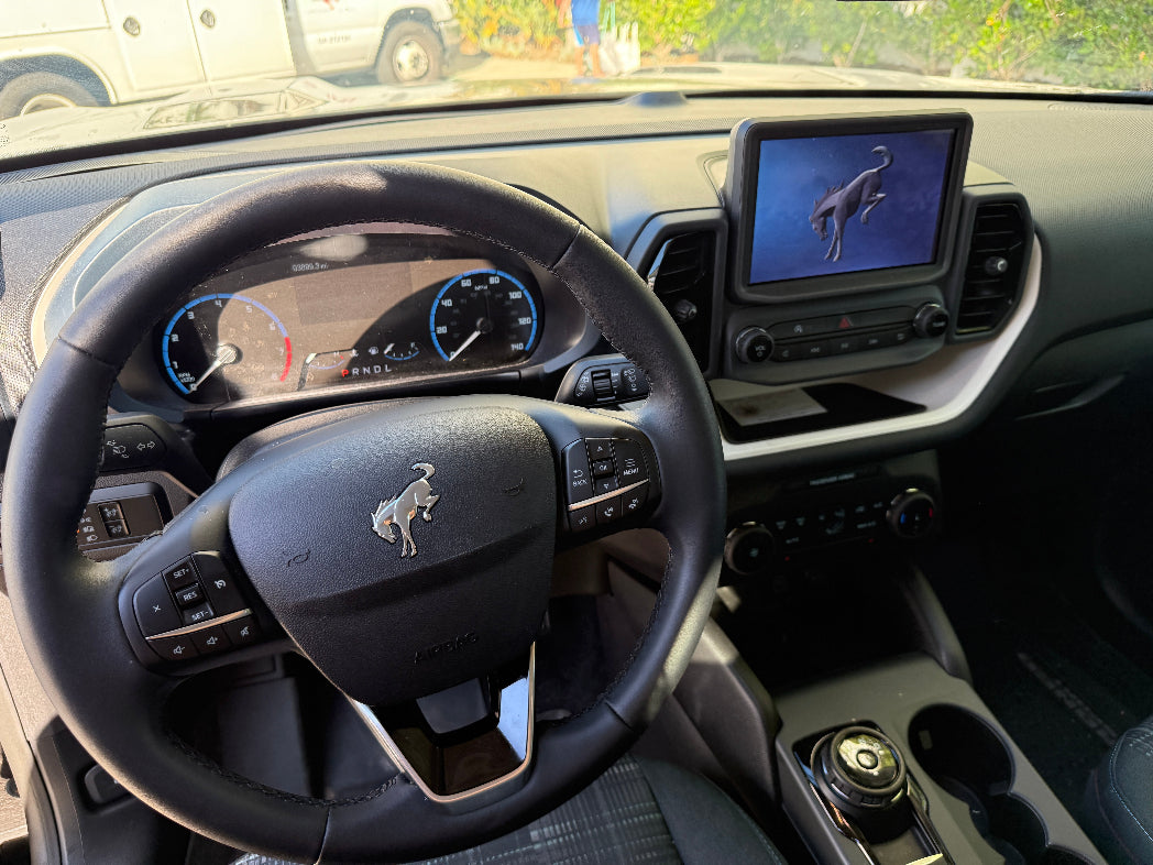 Car interior with steering wheel and dashboard, featuring a Ford logo.