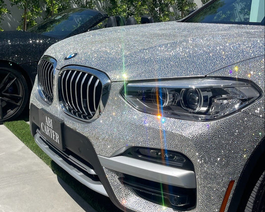 Crystal BMW X3 rental in San Diego – luxury SUV fully covered in shimmering glass rhinestones