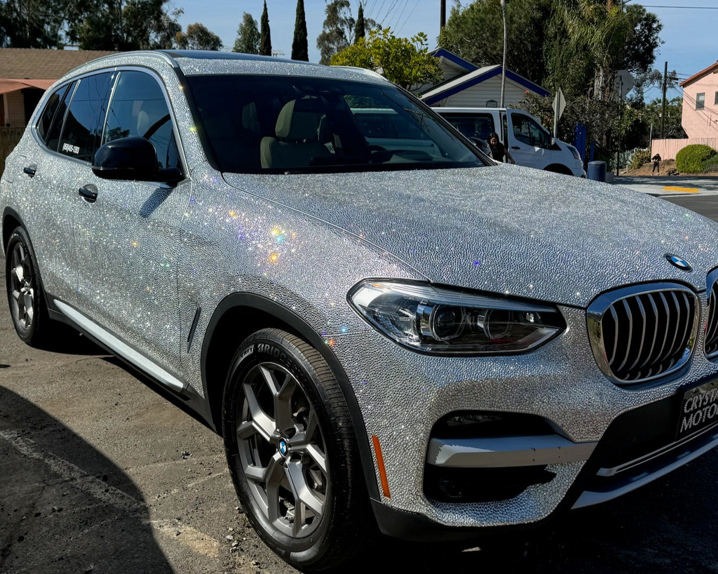 Front view of the rhinestone-covered BMW X3 – a show-stopping car for photos and events.