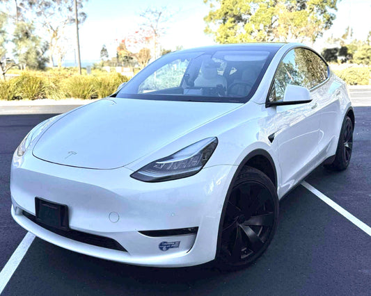 White Tesla car parked on a road with trees in the background